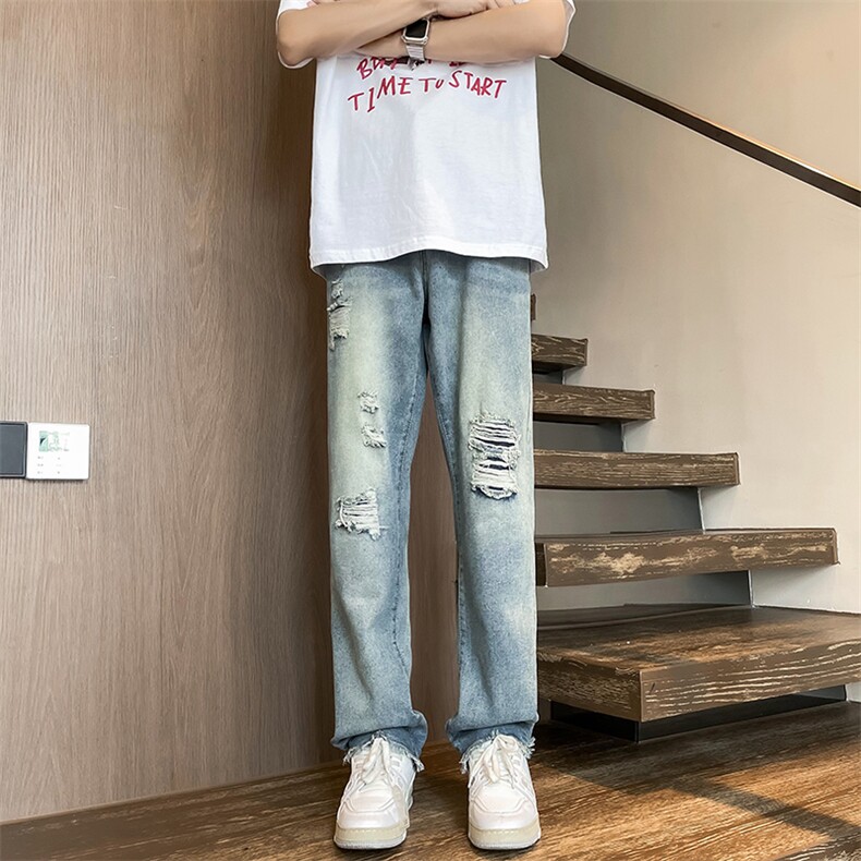 美式复古牛仔裤男破洞设计感裤子美式高街直筒微喇裤N7269-P45图片