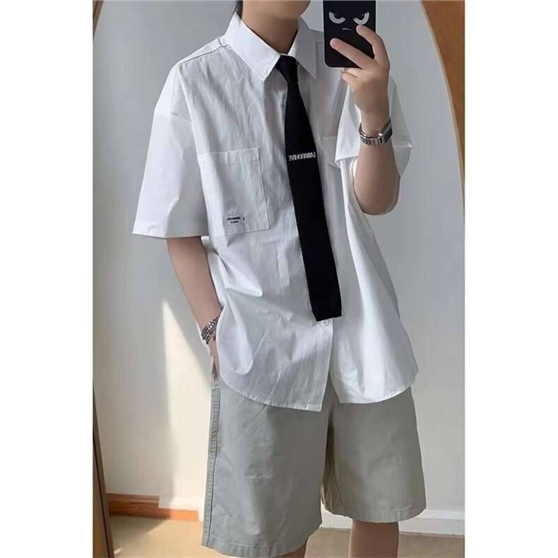日系翻领少年感纯色衬衫短袖宽松休闲男女衬衣夏季薄外套CS5261,男装T恤,星座208-5