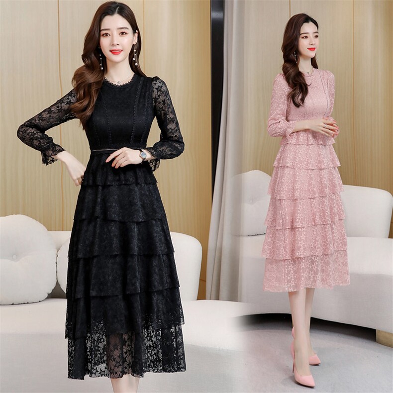 2021春装新款时尚蕾丝蛋糕裙大摆收腰连衣裙,女装连衣裙,尚洛菲