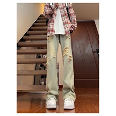 1506-1/K60181/P42街头水洗做旧破洞牛仔裤男春直筒宽松欧美高街，男装牛仔裤，星座1506-1