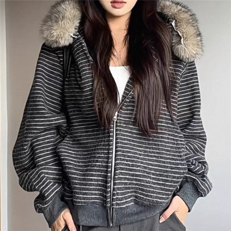 条纹复古毛领连帽卫衣男秋季高级感慵懒宽松休闲开衫外套W2355，女装短外套，星座601-1