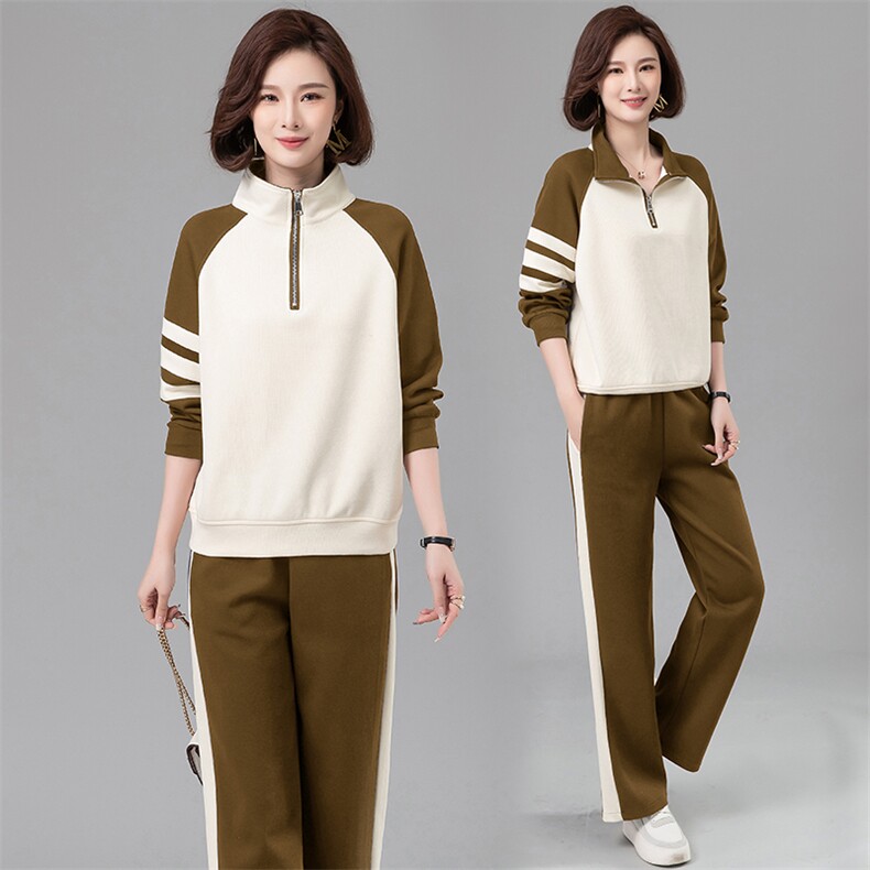 休闲运动套装女2025春秋新款韩版时尚拼接立领宽松跑步卫衣两件套,女装套装/套裙,凝聚力