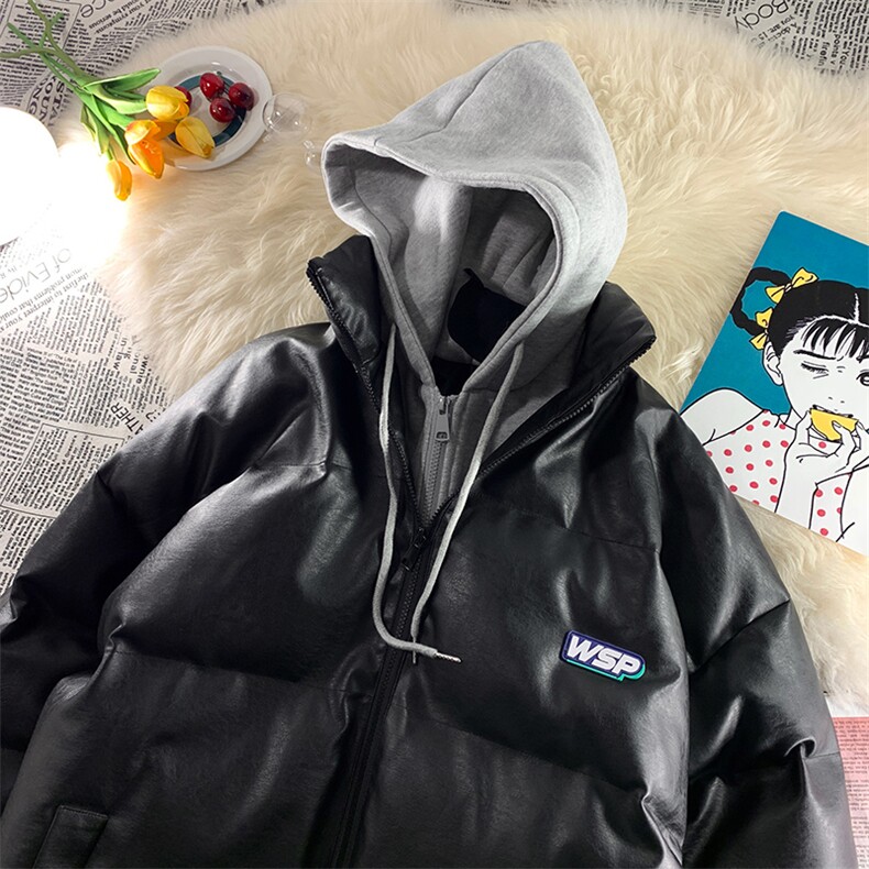 @暖色系 pu皮棉服冬季假两件外套韩版宽松棉衣 A071-Y266-125图片