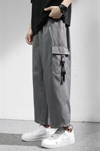 7XL-M痞帅条纹裤子男夏新款港风宽松直筒裤加肥加大码垂感九分裤图片