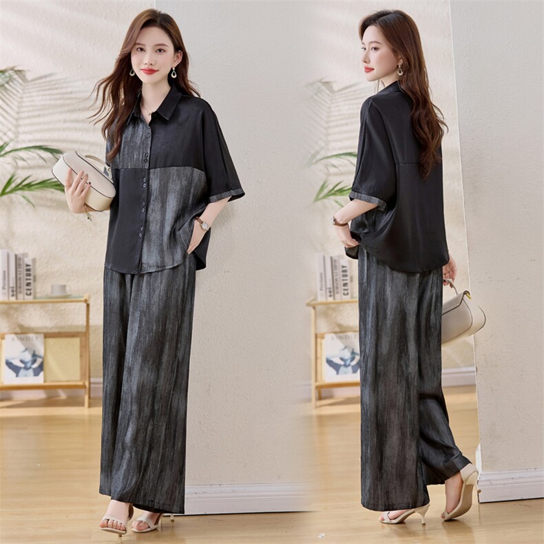 妈妈时尚休闲阔腿裤套装女夏大码宽松显瘦松弛感太撞色两件套，女装套装/套裙，魅衣本色