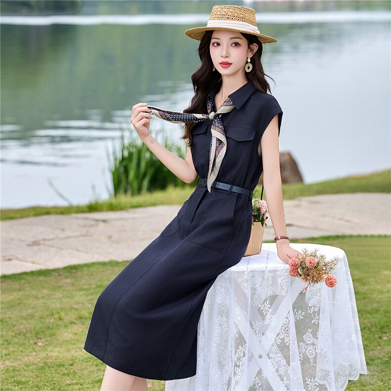 DLM8665天丝亚麻巨好看工装斜纹中长款连衣裙夏季新款修身显瘦裙,女装连衣裙,朵莱米