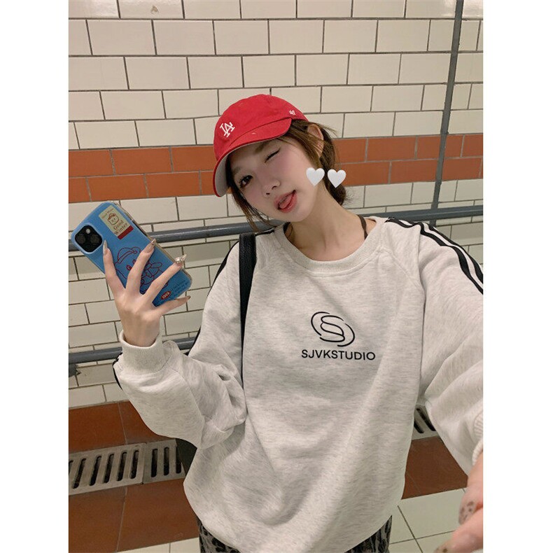 EE068-P55卫衣男女情侣薄款2024潮宽松设计感条纹圆领韩版上衣图片