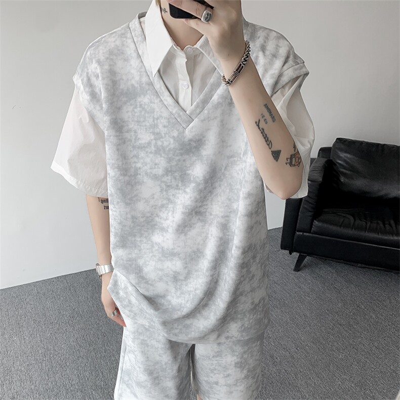 扎染套装西装领休闲春夏套装短袖短裤潮流休闲套装扎染面料特P65,男装休闲套装,电商B319