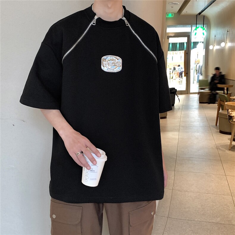 港风美式垫肩设计T恤男大码拉链WANG金属质感字母DT8791P55控78,男装T恤,星座227-7