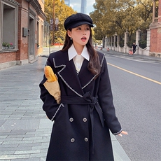 水衣源2533款纯色镶条海军领毛呢羽绒服中长款女，女装羽绒服，水衣源