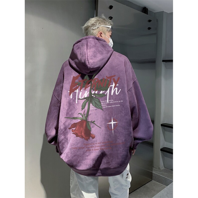 抖音品质秋季新款美式玫瑰印花麂皮绒连帽卫衣wljp5003-特p45控79，男装卫衣，星座605(原A050)