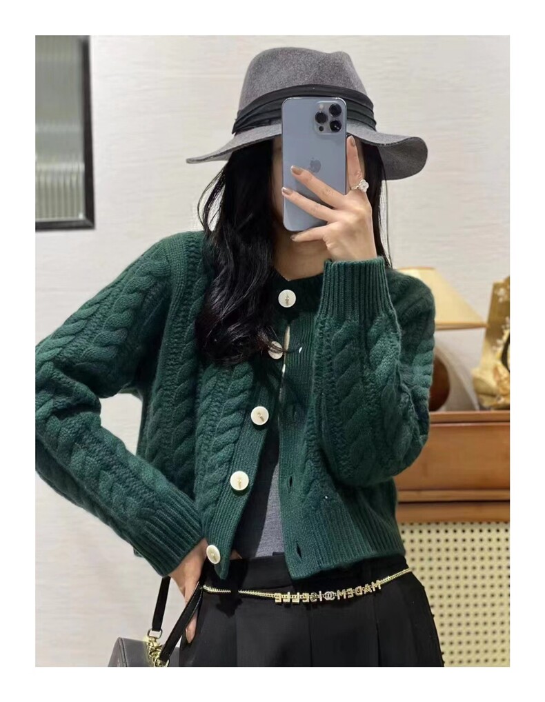 秋季新款舒适显瘦时尚百搭高腰麻花针织开衫,女装羊毛衫,恒恩羊绒