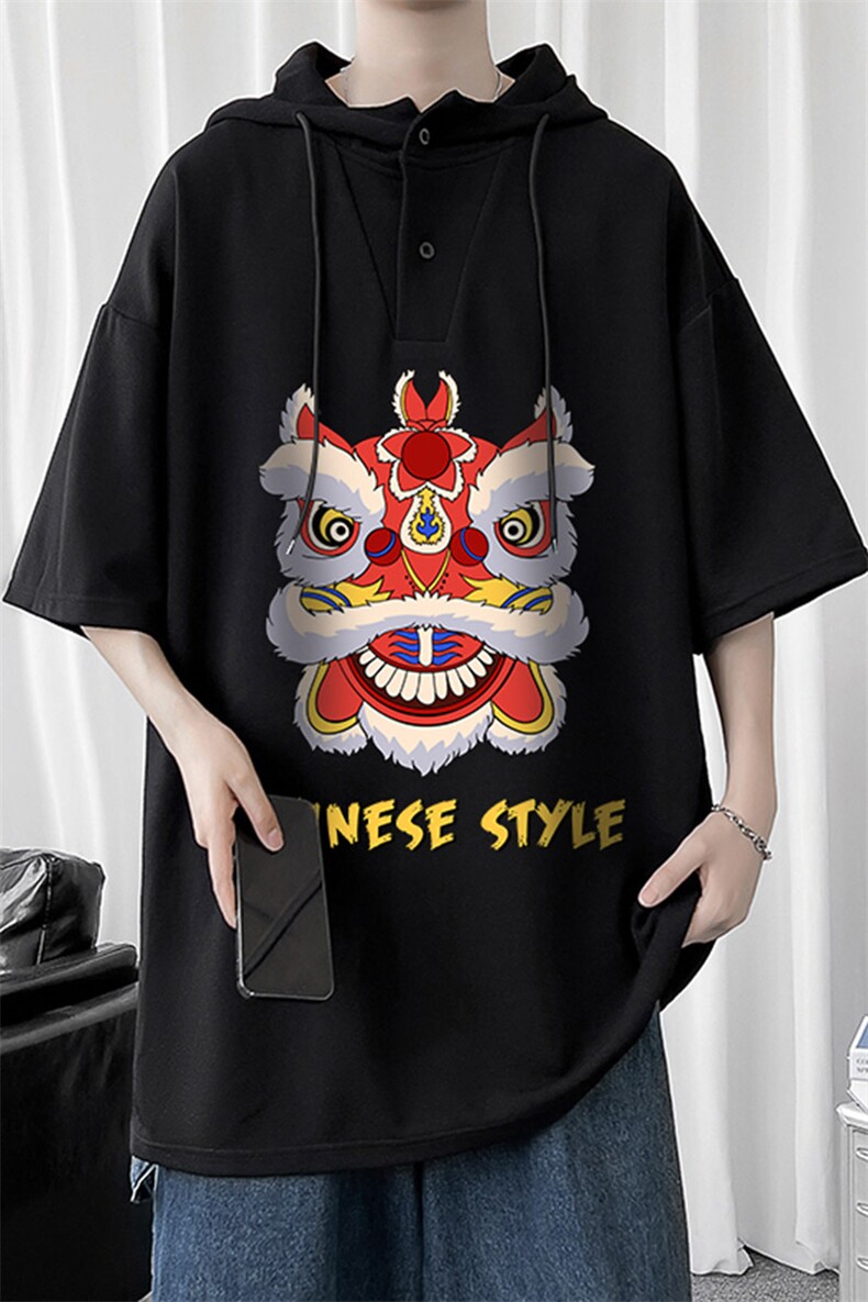 LD54185-P45连帽短袖t恤男大码胖子带帽五分袖中袖,男装T恤,电商A040