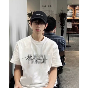 抖音得物供货210克现货宽松纯棉美式潮牌印花落肩袖纯棉T恤AT2160图片