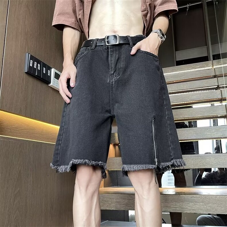 毛边牛仔短裤夏季美式复古高街拉链流苏五分裤子8110P40,男装牛仔裤,星座410-2