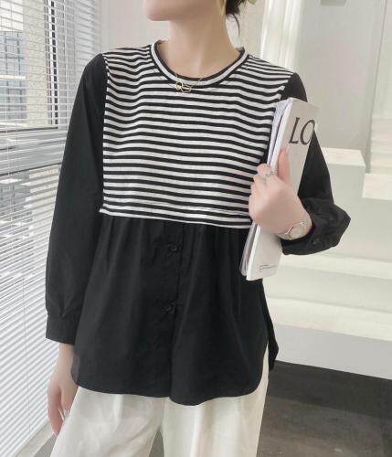 超逸世家4217意法2021年秋季新款长袖拼接条纹衬衫，女装衬衫，超逸世家