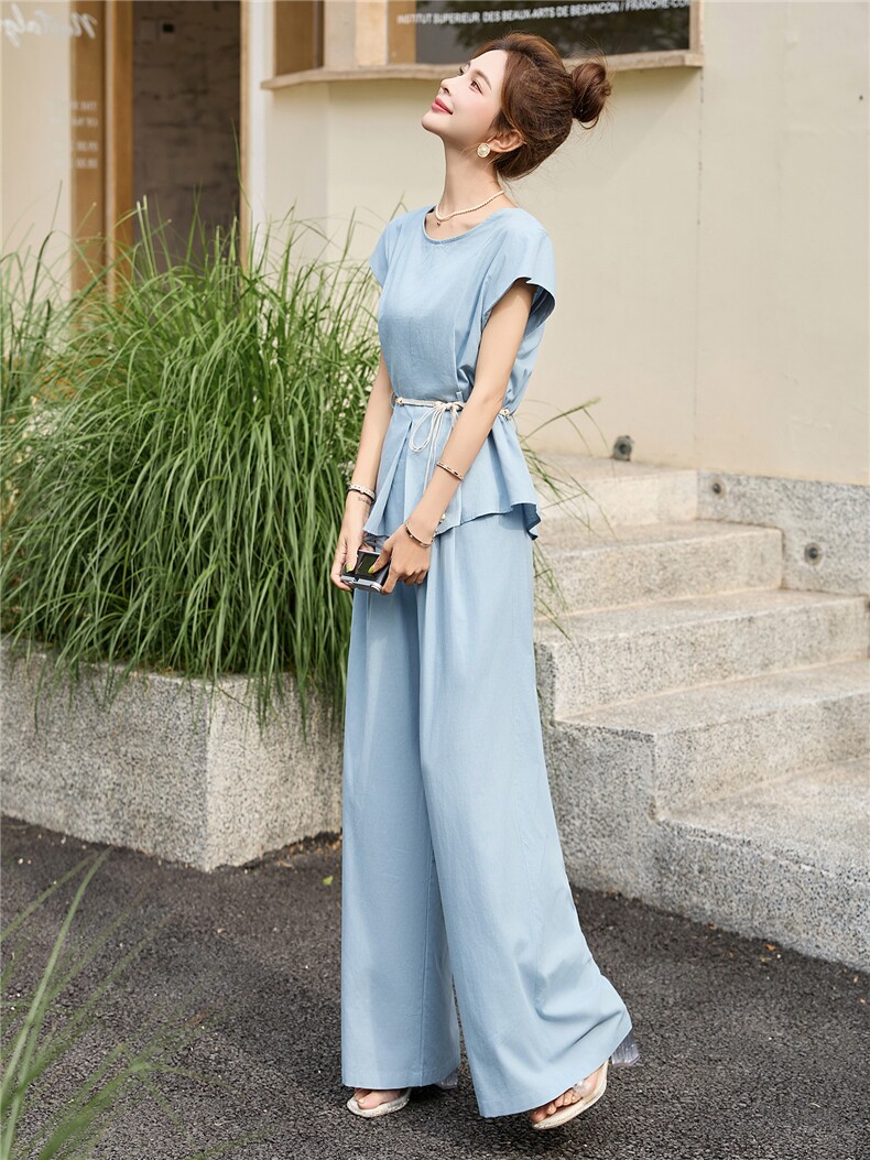爆款夏装流行穿搭一整套女2025新款时尚套装收腰显瘦阔腿裤两件套,女装套装/套裙,布芭啦