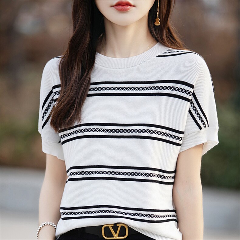 圆领拼色100%纯棉针织短袖T恤女夏季新款半袖宽松薄款上衣打底衫，女装针织衫/毛衣，郡淞羊绒