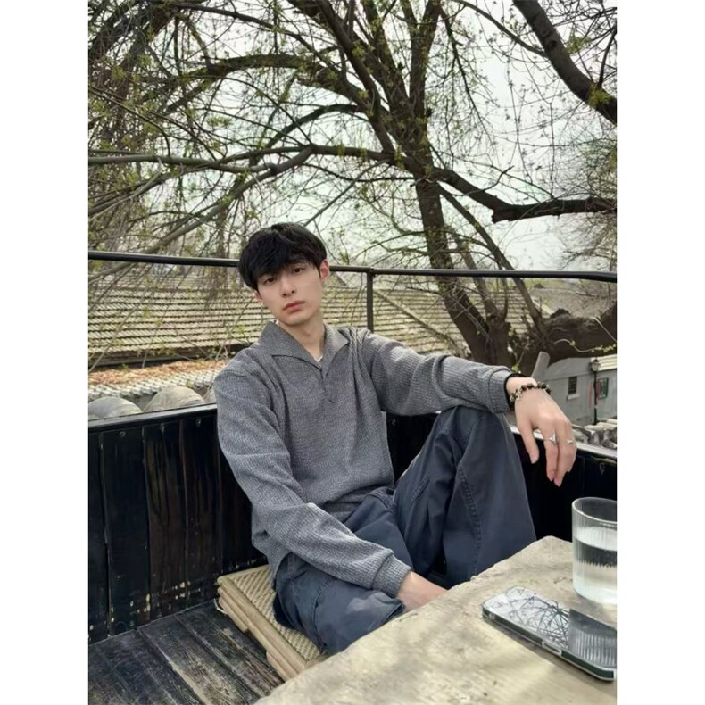 现货~老钱风罗马格意式一片领猫眼宝石扣polo长袖男~C25231批45,男装卫衣,星座1411A-6