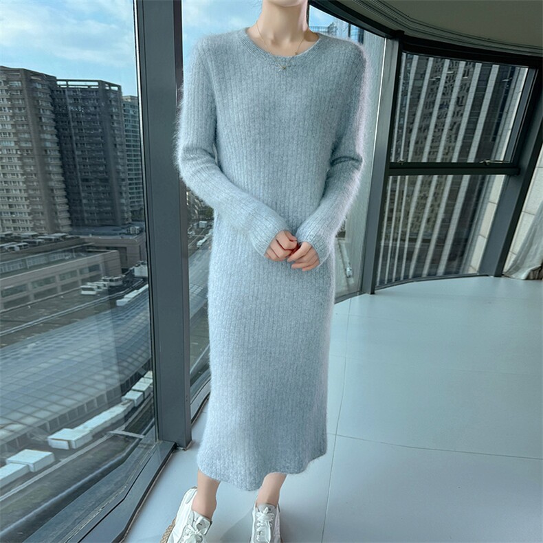 2025秋冬百搭时尚简约长袖圆领收腰针织连衣裙,女装连衣裙,冬贝尔貂绒