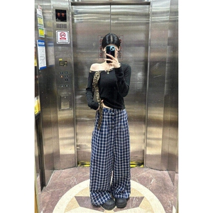 夏季格子休闲裤男女夏季小众排扣设计直筒阔腿拖地裤LK20011-p50图片