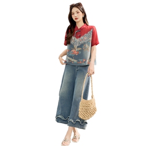 新中式牛仔套装女夏蕾丝拼接盘扣上衣阔腿裤两件套巨好看图片
