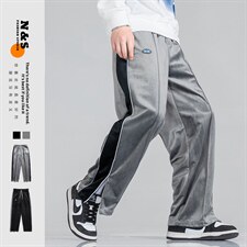2025春夏新款丝绒发光开衩拼接直筒裤休闲裤黑色GK67-P55，男装休闲裤，电商B277A（原A068）