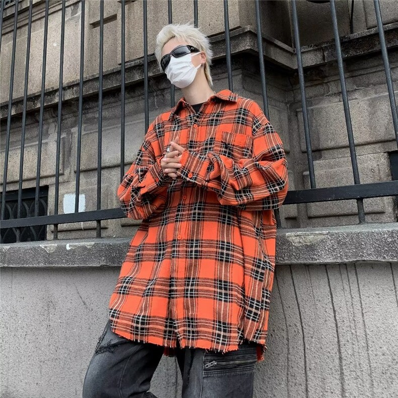 美式复古毛边格子衬衫男女设计感小众春秋宽松开衫外穿长袖上衣,男装衬衫,星座601-2
