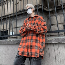 美式复古毛边格子衬衫男女设计感小众春秋宽松开衫外穿长袖上衣，男装衬衫，星座601-2