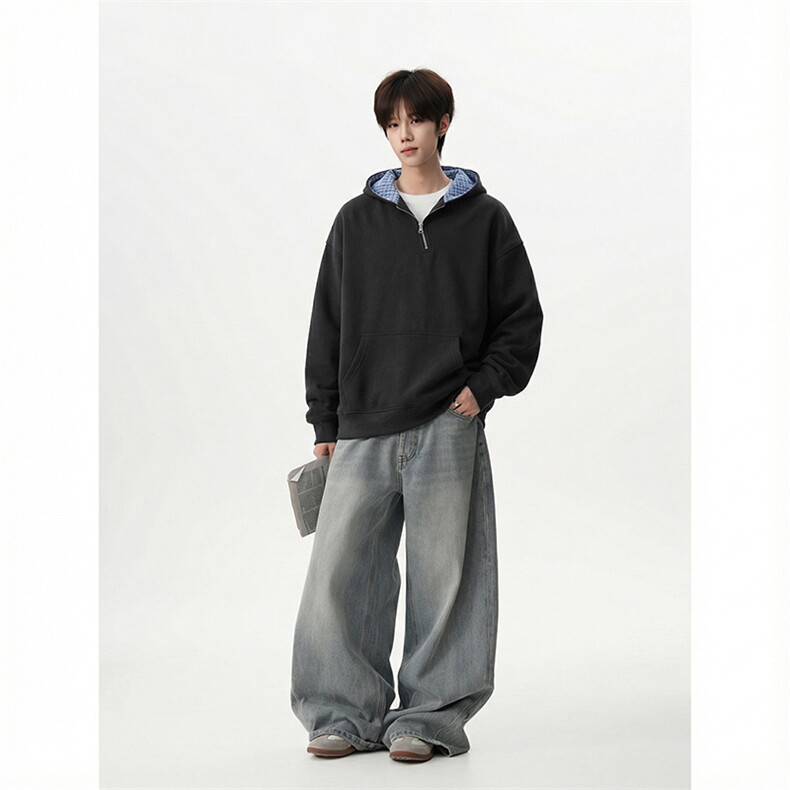 松弛感半拉链连帽卫衣文艺感宽松版型舒适休闲上衣HY922TP48控89,男装卫衣,电商A102B