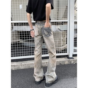 高街扎染割烂弯刀牛仔裤男女复古cleanfit直筒水洗做旧解构微喇裤图片