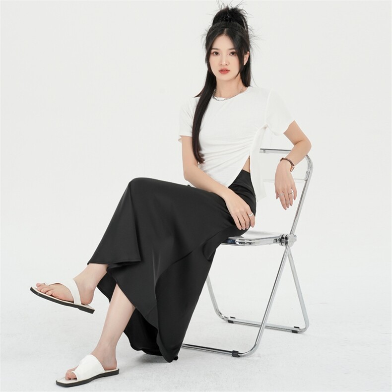 2024高级感醋酸缎面鱼尾裙半身裙女高个子中长款荷叶边a字包臀,女装半身裙,梦白服饰厂