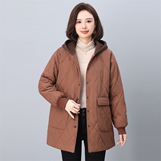 2024冬季新款潮中长款连帽夹棉菱格外套棉衣棉服女韩版休闲，女装棉衣/棉服，悦见她