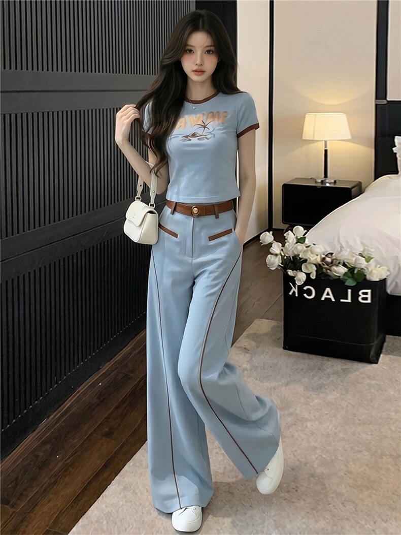 慵懒风休闲时尚套装女夏新款百搭圆领印花短袖上衣阔腿长裤两件套,女装套装/套裙,江南