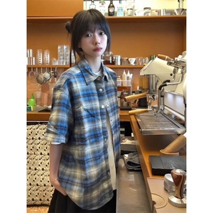 磨毛格子短袖衬衫男女夏季新款翻领复古休闲百搭格子衬衫 C7003图片