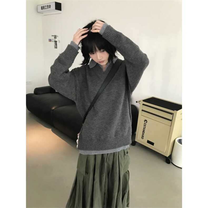 网图现货复古假两件v领翻领毛衣冬季cleanfit针织衫上衣外套P58,男装针织衫/毛衣,电商C306-1