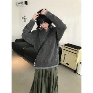 网图现货 复古假两件v领翻领毛衣冬季cleanfit针织衫上衣外套 P58图片