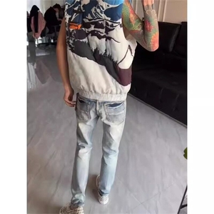 新款潮牌个性字母印花贴布修身弹力男士破洞刺绣小脚补丁九分裤子