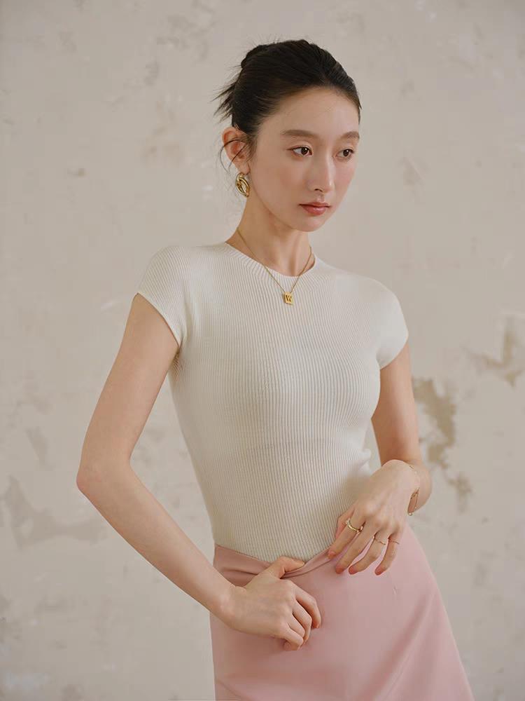 针织短袖t恤女2025新款夏季薄款宽松显瘦打底上衣小衫,女装T恤,更慕羊绒