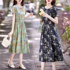 文艺气质印花棉麻连衣裙女2026夏季新款抽绳收腰显瘦时尚碎花长裙图片