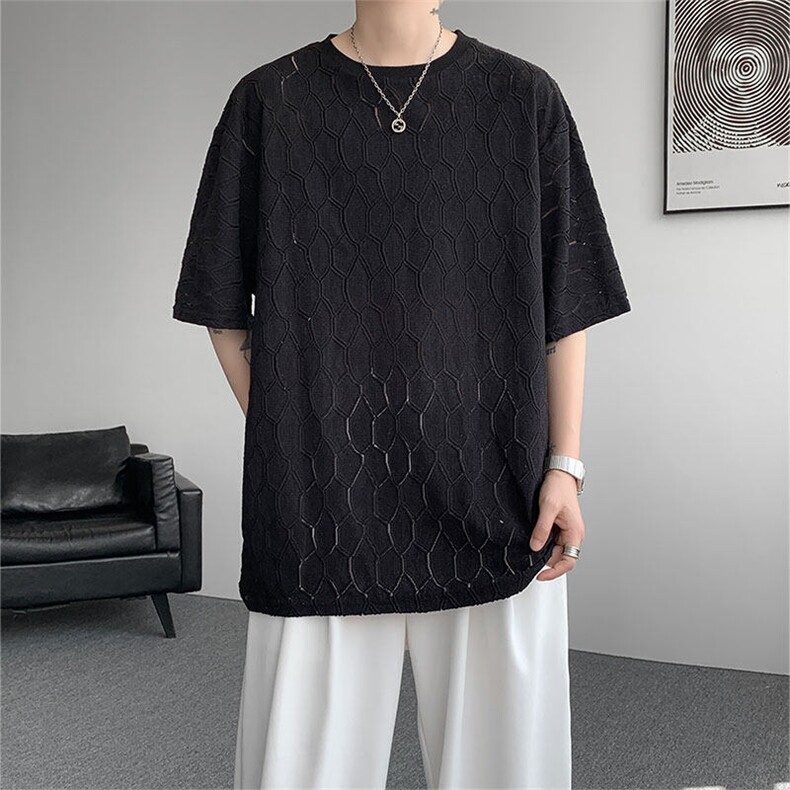 现货 T10130-特p30 控58 高品质面料镂空痞帅大码圆领短袖T恤衫图片