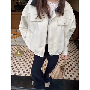 新复古麂皮绒拼接外套男女春季底特律情侣休闲夹克上衣HHE147 P85图片