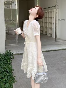浅蓝色法式精致刺绣V领连衣裙女2026夏季新款巨好看气质减龄图片