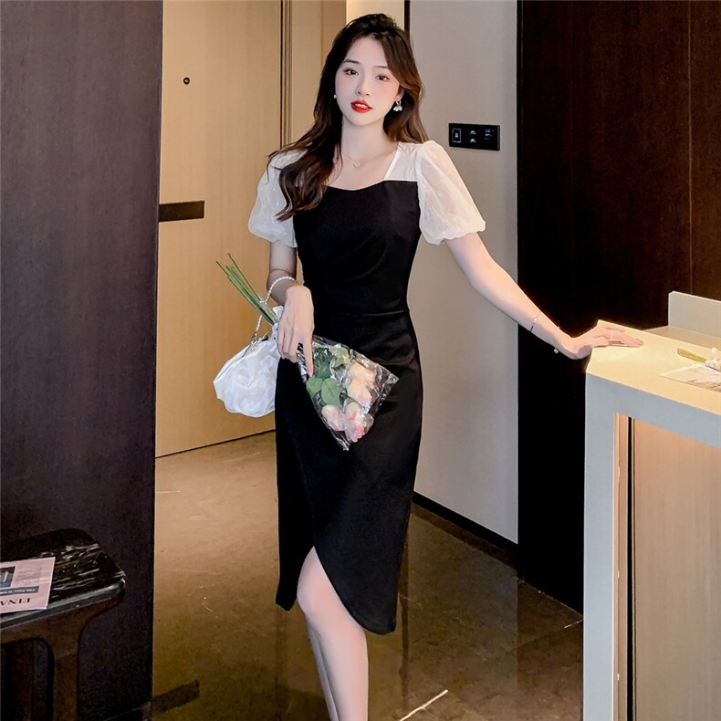 2022夏季新款法式方领网纱拼接褶皱设计感收腰显瘦连衣裙,女装连衣裙,潮品会