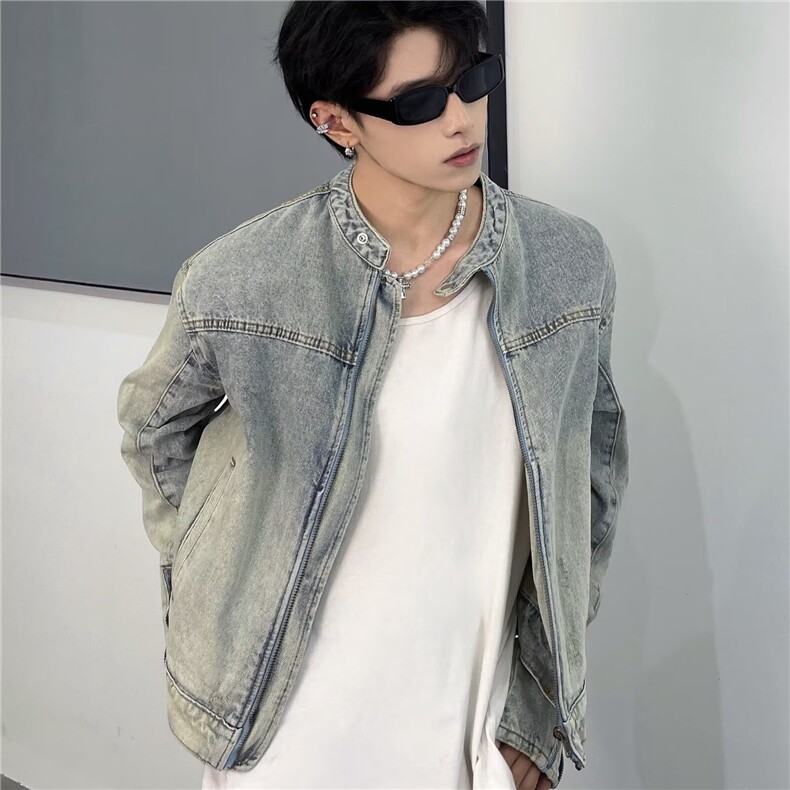 机车风夹克男水洗磨破短款牛仔外套无领拉链秋冬长袖潮,男装工装外套,星座410-6（原星座1304-1）