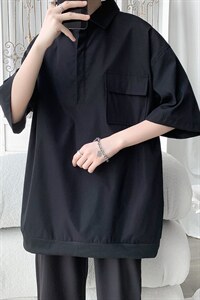 T6069/P35夏季简约短袖衬衫男设计感小众工装衬衣polo衫宽松T恤男图片