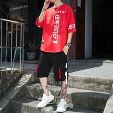 新款夏季潮流时尚T恤男装青少年宽松休闲圆领套装F178P70，男装休闲套装，电商A086