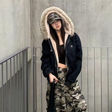 现货重磅boxy短款棉衣座山雕大毛毛领男女棉服水洗工装厚外套，男装棉衣，电商A486-1