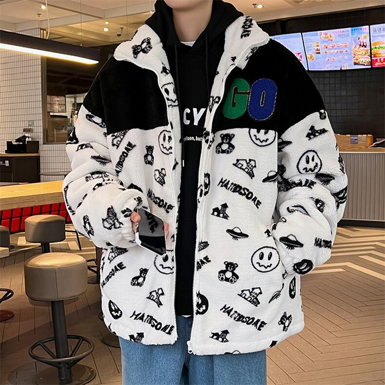 港风夹克外套男拼接羊羔毛夹棉棉袄棉服羊剪绒棉衣3322-P90控138,男装夹克,星座207