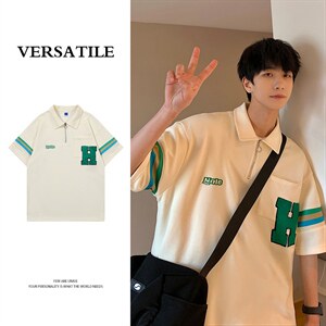 2023夏新款港风撞色印花宽松显瘦短袖T恤上衣POLO衫T2228-P58，男装T恤，星座914-3